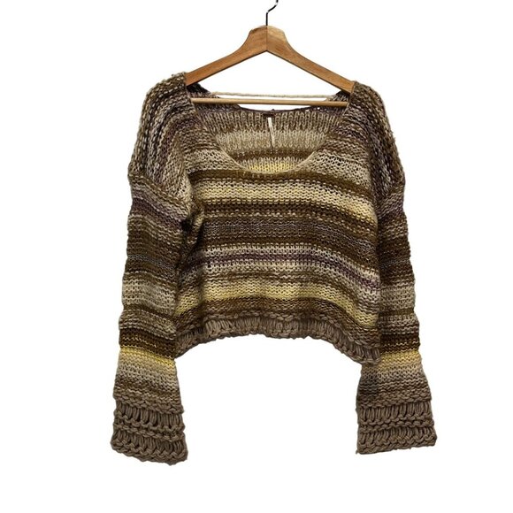 Free People Limbo Knit Crop Alpaca Blend Boho Stripe Multi Brown Women's Size M - Picture 2 of 9